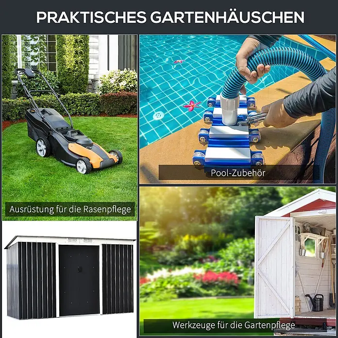 SONNENH Gerätehaus - Außenbreite inkl. Dachüberstand: 280 cm, Außentiefe inkl. Dachüberstand: 130 cm, Stahl, Grau