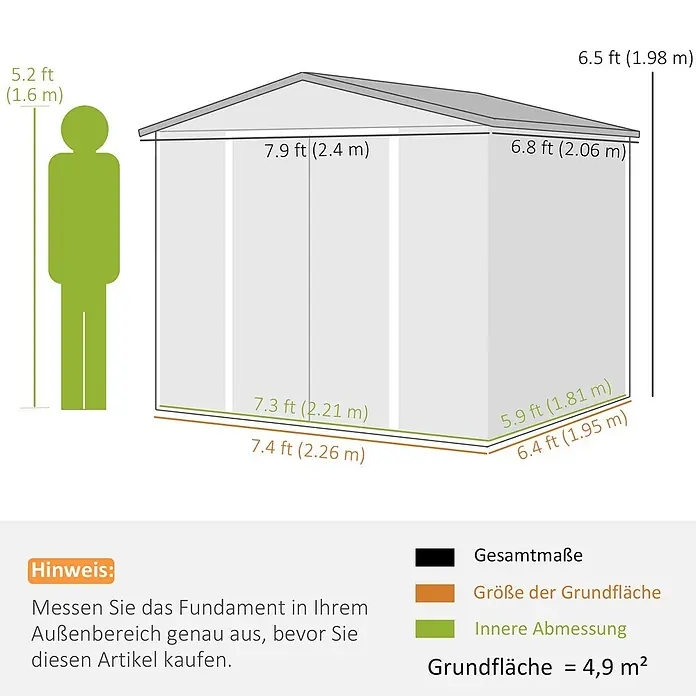 SONNENH Gerätehaus - Außenbreite inkl. Dachüberstand: 240 cm, Außentiefe inkl. Dachüberstand: 206 cm, Stahl, Braun - Diagramm eines Gartenhauses mit Gesamt-, Grundflächen- und Innenmaßen in Fuß und Metern, inklusive einer Person zum Größenvergleich.