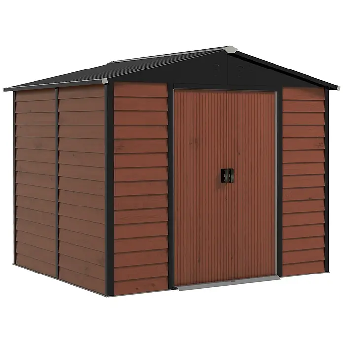 SONNENH Gerätehaus - Außenbreite inkl. Dachüberstand: 240 cm, Außentiefe inkl. Dachüberstand: 206 cm, Stahl, Braun - Brauner und schwarzer Metall-Gartenschuppen mit Doppeltüren und Lamellenwänden.
