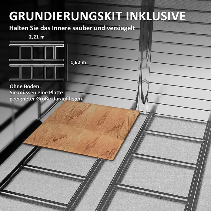 SONNENH Gerätehaus - Außenbreite inkl. Dachüberstand: 240 cm, Außentiefe inkl. Dachüberstand: 206 cm, Stahl, Braun - Metall-Fundamentrahmen, 2,21m x 1,62m, für ein Bauwerk, mit beispielhafter Holzfußbodenplatte.