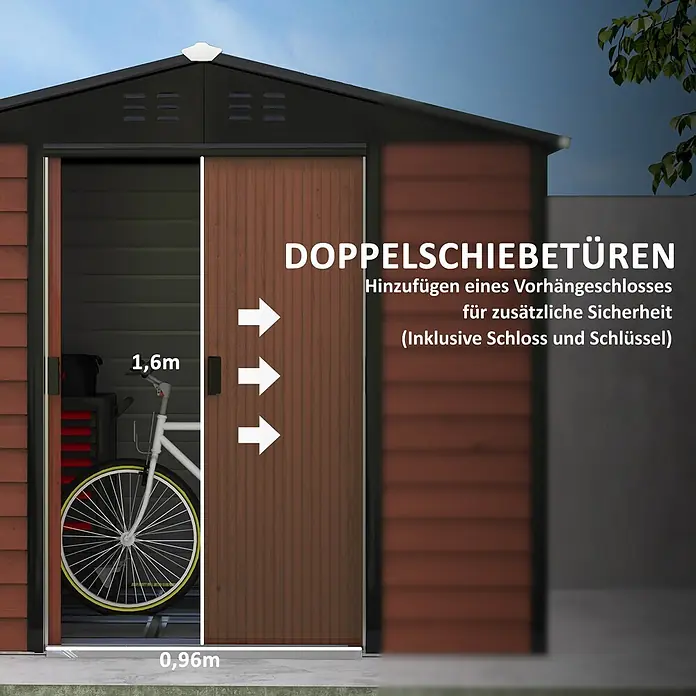 SONNENH Gerätehaus - Außenbreite inkl. Dachüberstand: 240 cm, Außentiefe inkl. Dachüberstand: 206 cm, Stahl, Braun - Braunes Metall-Gartenhaus mit offenen Doppelschiebetüren, zeigt ein Fahrrad. Mit 1,6m Höhe, 0,96m Breite und Vorhängeschloss-Sicherheit.
