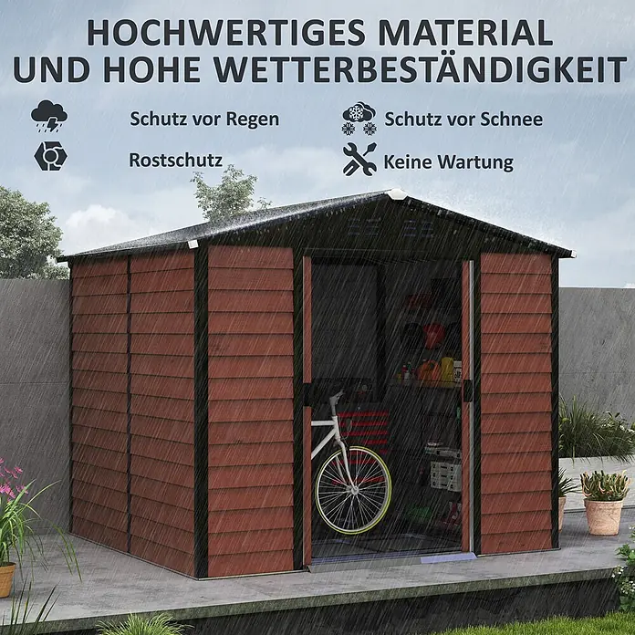 SONNENH Gerätehaus - Außenbreite inkl. Dachüberstand: 240 cm, Außentiefe inkl. Dachüberstand: 206 cm, Stahl, Braun - Brauner Gartenschuppen mit schwarzem Zierrand im Regen, wetterfest für Gartengeräte und Fahrräder.