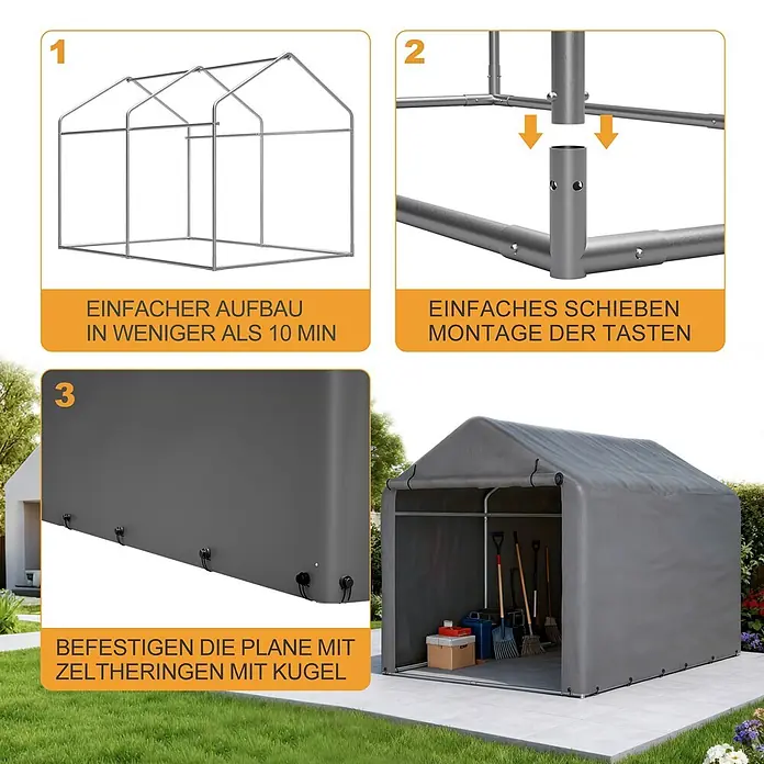 SONNENH Gerätehaus - Außenbreite inkl. Dachüberstand: 160 cm, Außentiefe inkl. Dachüberstand: 220 cm, Stahl, Grau