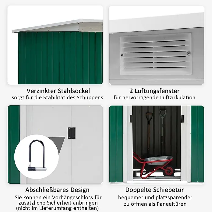 SONNENH Gerätehaus - Außenbreite inkl. Dachüberstand: 280 cm, Außentiefe inkl. Dachüberstand: 130 cm, Stahl, Grün