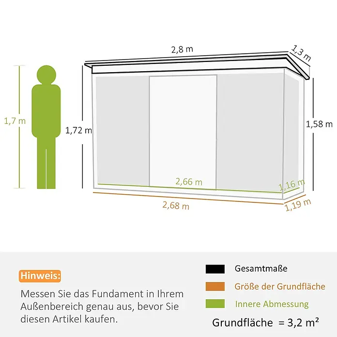 SONNENH Gerätehaus - Außenbreite inkl. Dachüberstand: 280 cm, Außentiefe inkl. Dachüberstand: 130 cm, Stahl, Grün