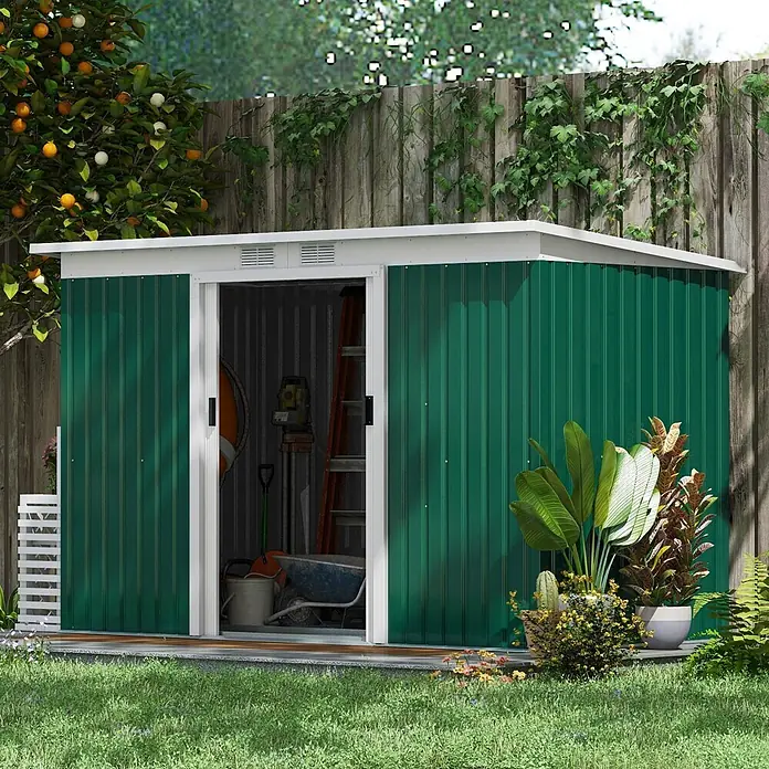 SONNENH Gerätehaus - Außenbreite inkl. Dachüberstand: 280 cm, Außentiefe inkl. Dachüberstand: 130 cm, Stahl, Grün
