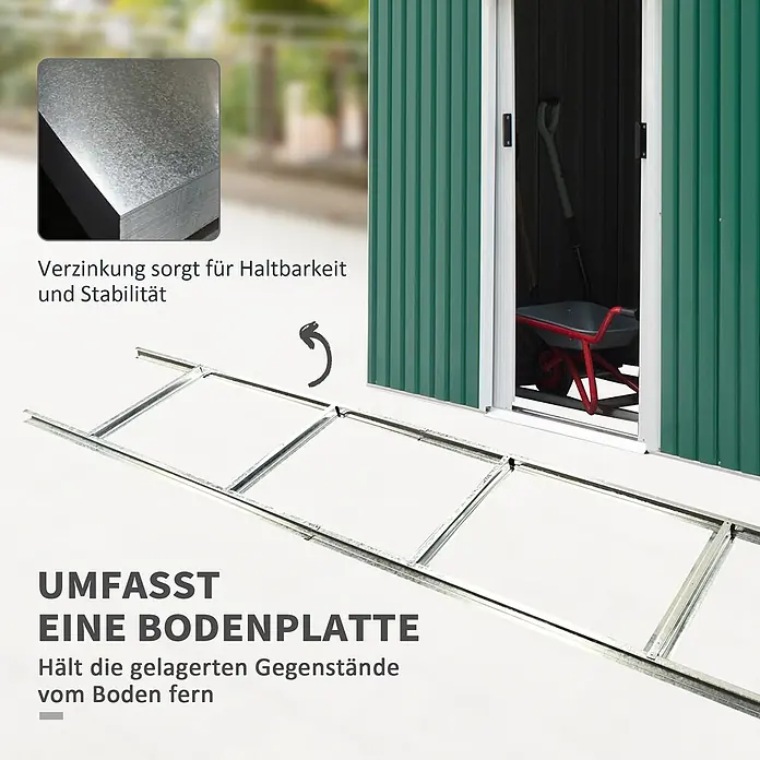 SONNENH Gerätehaus - Außenbreite inkl. Dachüberstand: 280 cm, Außentiefe inkl. Dachüberstand: 130 cm, Stahl, Grün