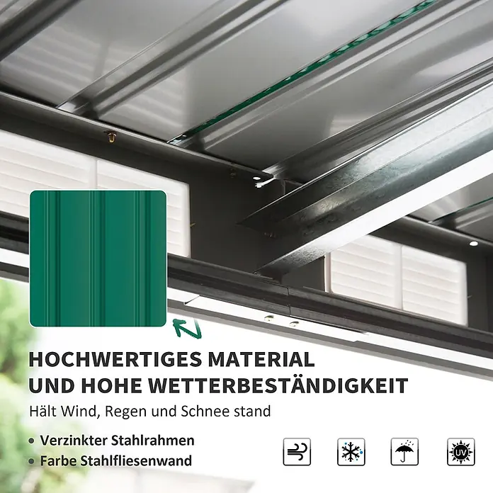 SONNENH Gerätehaus - Außenbreite inkl. Dachüberstand: 280 cm, Außentiefe inkl. Dachüberstand: 130 cm, Stahl, Grün