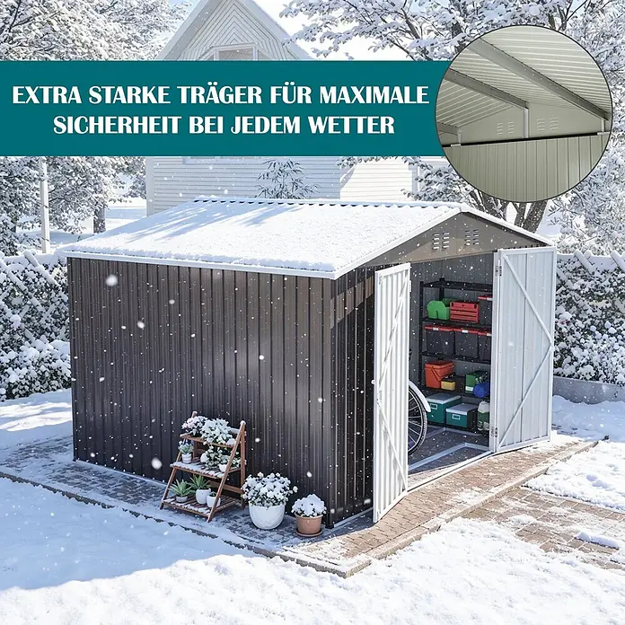 SONNENH Gerätehaus - Außenbreite inkl. Dachüberstand: 300 cm, Außentiefe inkl. Dachüberstand: 252 cm, Metall, Grau