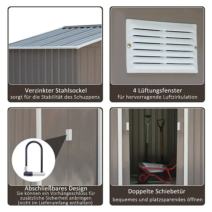 SONNENH Gerätehaus - Außenbreite inkl. Dachüberstand: 213 cm, Außentiefe inkl. Dachüberstand: 130 cm, Stahl, Grau