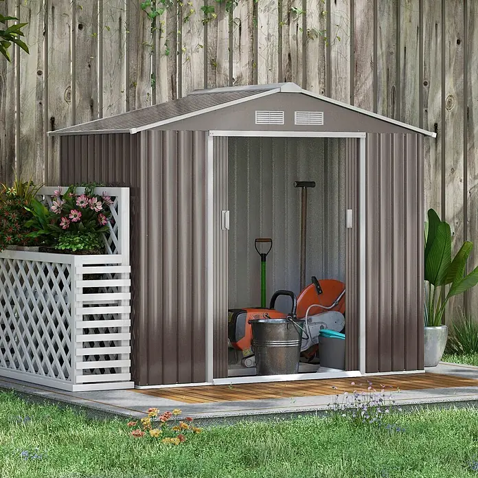 SONNENH Gerätehaus - Außenbreite inkl. Dachüberstand: 213 cm, Außentiefe inkl. Dachüberstand: 130 cm, Stahl, Grau