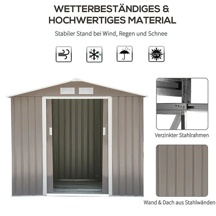 SONNENH Gerätehaus - Außenbreite inkl. Dachüberstand: 213 cm, Außentiefe inkl. Dachüberstand: 130 cm, Stahl, Grau