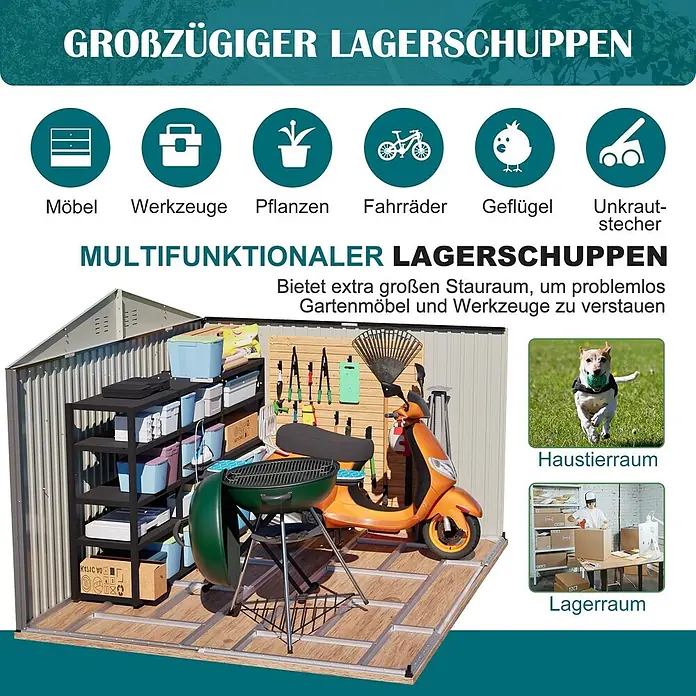 SONNENH Gerätehaus - Außenbreite inkl. Dachüberstand: 300 cm, Außentiefe inkl. Dachüberstand: 252 cm, Metall, Grau