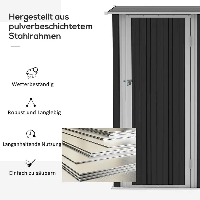 SONNENH Gerätehaus - Außenbreite inkl. Dachüberstand: 142 cm, Außentiefe inkl. Dachüberstand: 84 cm, Stahl, Grau