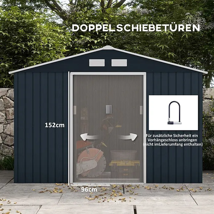 SONNENH Gerätehaus - Außenbreite inkl. Dachüberstand: 277 cm, Außentiefe inkl. Dachüberstand: 195 cm, Stahl, Grau