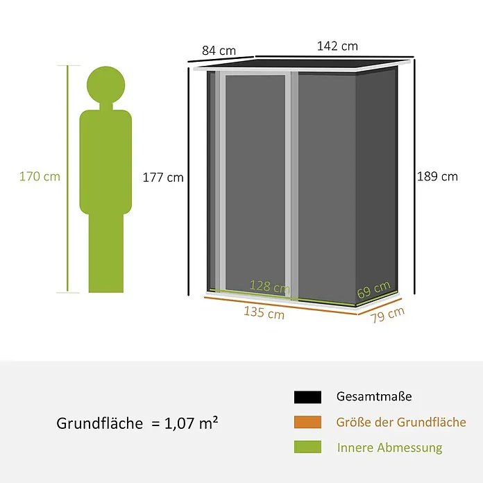 SONNENH Gerätehaus - Außenbreite inkl. Dachüberstand: 142 cm, Außentiefe inkl. Dachüberstand: 84 cm, Stahl, Grau