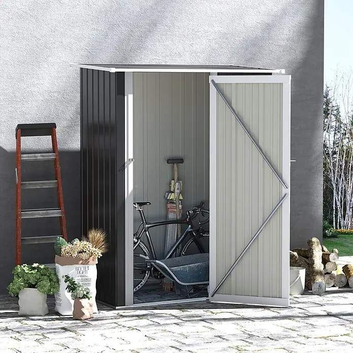 SONNENH Gerätehaus - Außenbreite inkl. Dachüberstand: 142 cm, Außentiefe inkl. Dachüberstand: 84 cm, Stahl, Grau