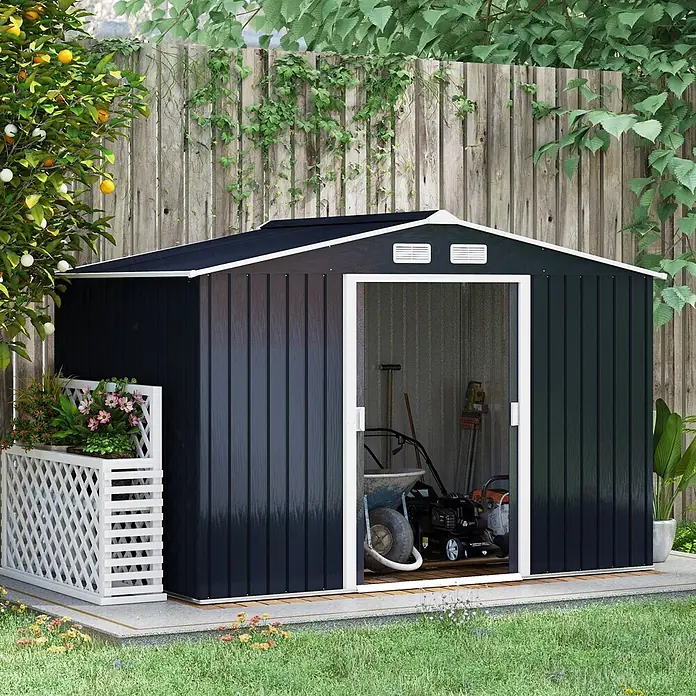 SONNENH Gerätehaus - Außenbreite inkl. Dachüberstand: 277 cm, Außentiefe inkl. Dachüberstand: 195 cm, Stahl, Grau