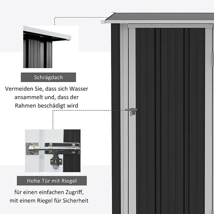 SONNENH Gerätehaus - Außenbreite inkl. Dachüberstand: 142 cm, Außentiefe inkl. Dachüberstand: 84 cm, Stahl, Grau