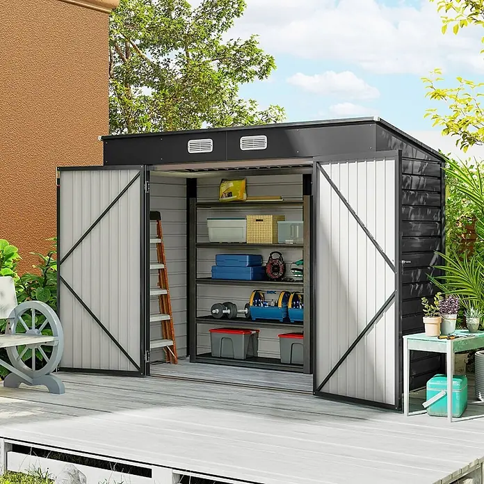 SONNENH Gerätehaus - Außenbreite inkl. Dachüberstand: 249 cm, Außentiefe inkl. Dachüberstand: 121 cm, Stahl, Grau
