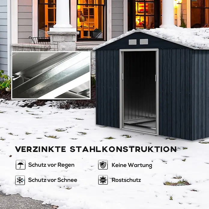 SONNENH Gerätehaus - Außenbreite inkl. Dachüberstand: 277 cm, Außentiefe inkl. Dachüberstand: 195 cm, Stahl, Grau