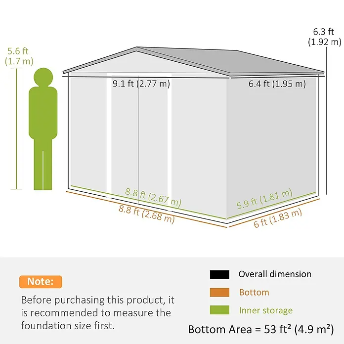 SONNENH Gerätehaus - Außenbreite inkl. Dachüberstand: 277 cm, Außentiefe inkl. Dachüberstand: 195 cm, Stahl, Grau