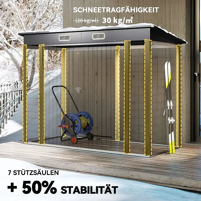 SONNENH Gerätehaus - Außenbreite inkl. Dachüberstand: 249 cm, Außentiefe inkl. Dachüberstand: 121 cm, Stahl, Grau