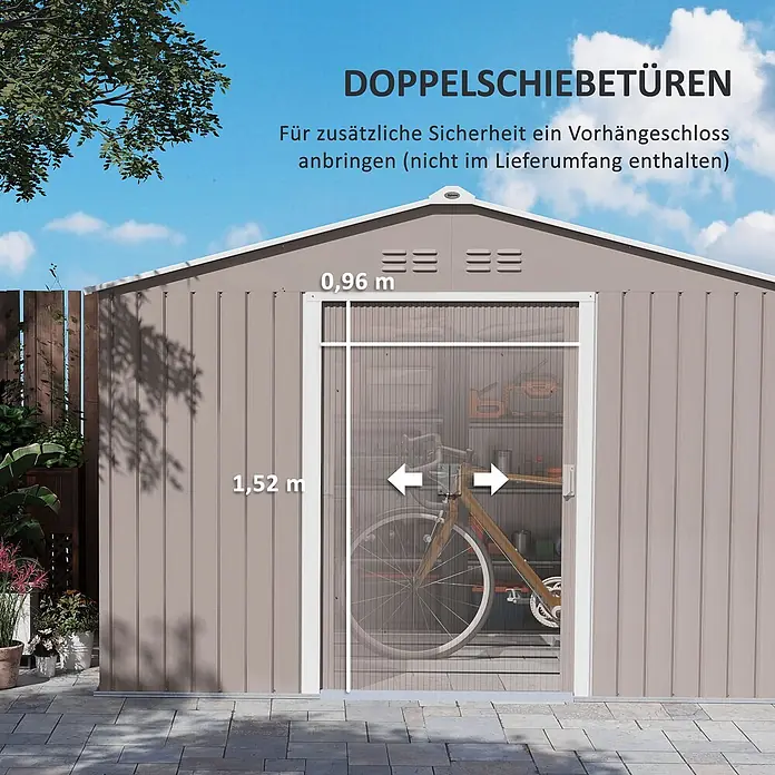 SONNENH Gerätehaus - Außenbreite inkl. Dachüberstand: 277 cm, Außentiefe inkl. Dachüberstand: 195 cm, Stahl, Grau