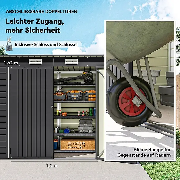 SONNENH Gerätehaus - Außenbreite inkl. Dachüberstand: 249 cm, Außentiefe inkl. Dachüberstand: 121 cm, Stahl, Grau
