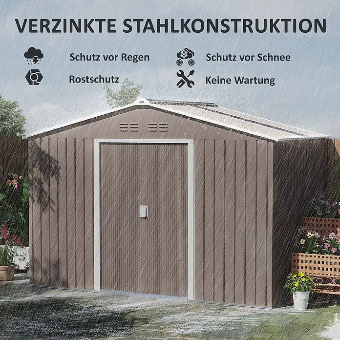 SONNENH Gerätehaus - Außenbreite inkl. Dachüberstand: 277 cm, Außentiefe inkl. Dachüberstand: 195 cm, Stahl, Grau
