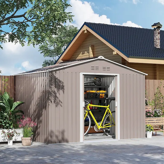 SONNENH Gerätehaus - Außenbreite inkl. Dachüberstand: 277 cm, Außentiefe inkl. Dachüberstand: 195 cm, Stahl, Grau