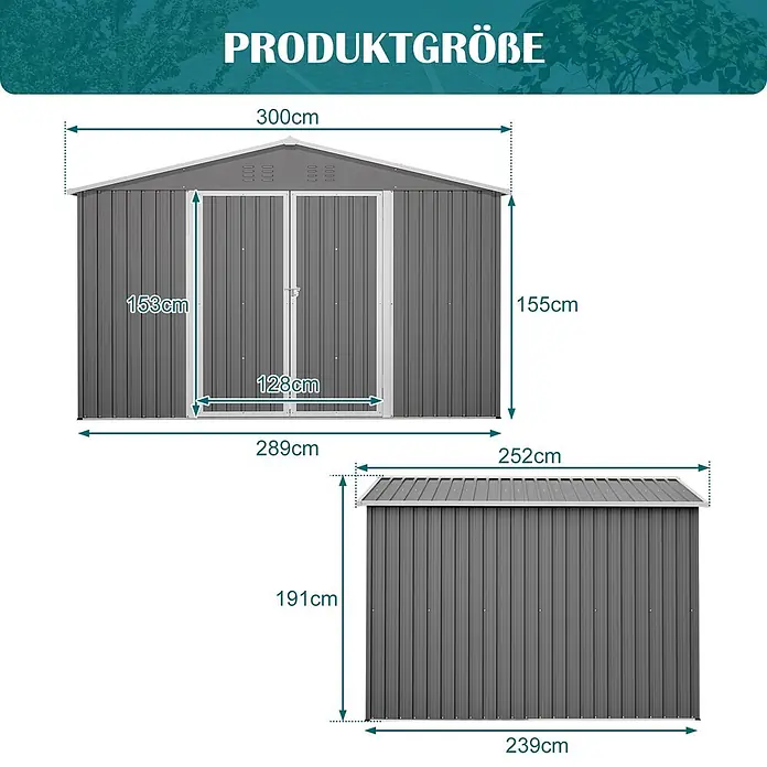 SONNENH Gerätehaus - Außenbreite inkl. Dachüberstand: 300 cm, Außentiefe inkl. Dachüberstand: 252 cm, Metall, Grau