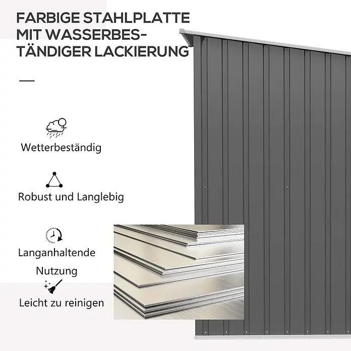 SONNENH Gerätehaus - Außenbreite inkl. Dachüberstand: 100 cm, Außentiefe inkl. Dachüberstand: 103 cm, Stahl, Grau - Dunkelgraue, lackierte Stahlplatte mit wasserbeständiger Beschichtung, die Haltbarkeit und einfache Reinigung hervorhebt.