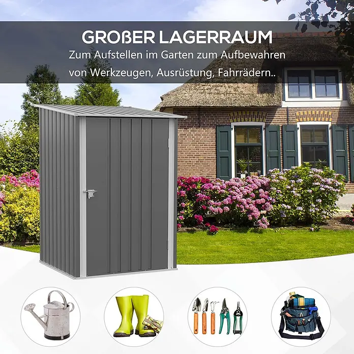 SONNENH Gerätehaus - Außenbreite inkl. Dachüberstand: 100 cm, Außentiefe inkl. Dachüberstand: 103 cm, Stahl, Grau - Grauer Metall-Gartenschuppen mit Pultdach zur Aufbewahrung von Geräten.