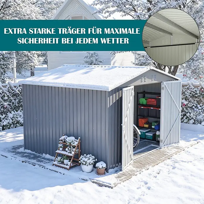 SONNENH Gerätehaus - Außenbreite inkl. Dachüberstand: 300 cm, Außentiefe inkl. Dachüberstand: 252 cm, Metall, Grau