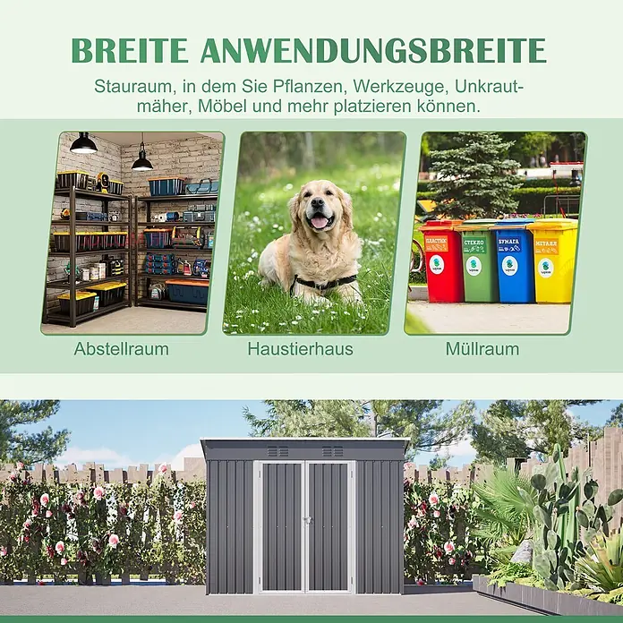 SONNENH Gerätehaus - Außenbreite inkl. Dachüberstand: 242 cm, Außentiefe inkl. Dachüberstand: 126 cm, Metall, Grau