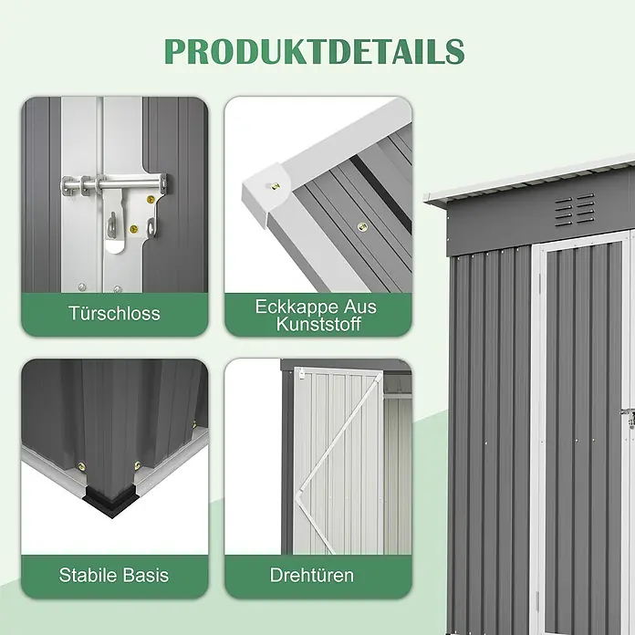 SONNENH Gerätehaus - Außenbreite inkl. Dachüberstand: 242 cm, Außentiefe inkl. Dachüberstand: 126 cm, Metall, Grau