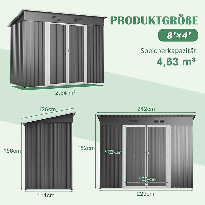 SONNENH Gerätehaus - Außenbreite inkl. Dachüberstand: 242 cm, Außentiefe inkl. Dachüberstand: 126 cm, Metall, Grau