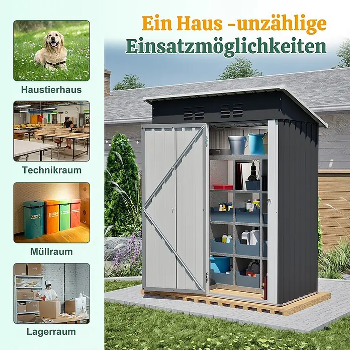 SONNENH Gerätehaus - Außenbreite inkl. Dachüberstand: 152,2 cm, Außentiefe inkl. Dachüberstand: 83,6 cm, Metall, Schwarz