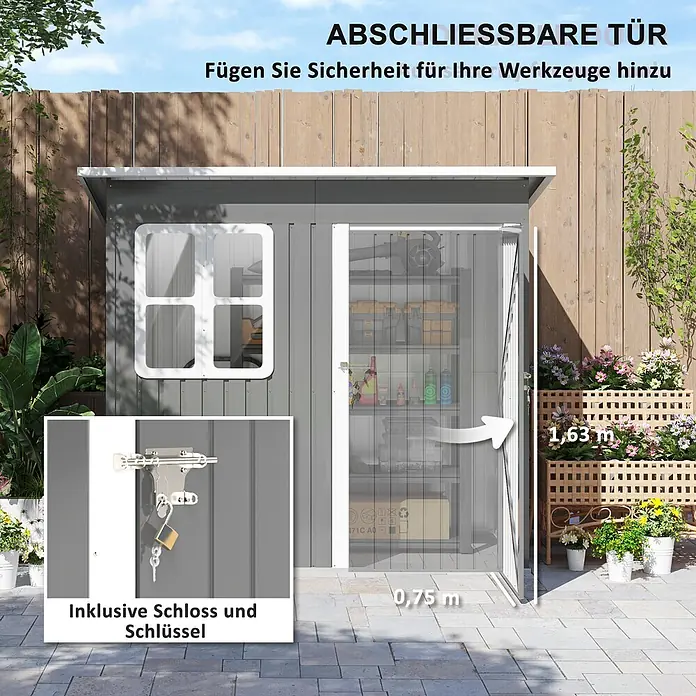 SONNENH Gerätehaus - Außenbreite inkl. Dachüberstand: 211 cm, Außentiefe inkl. Dachüberstand: 133 cm, Stahl, Grau