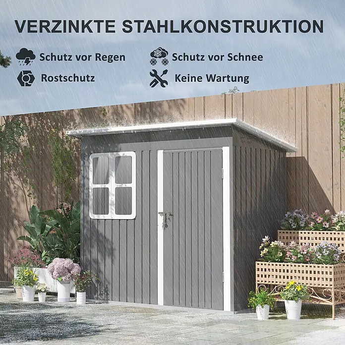 SONNENH Gerätehaus - Außenbreite inkl. Dachüberstand: 211 cm, Außentiefe inkl. Dachüberstand: 133 cm, Stahl, Grau