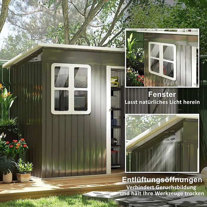 SONNENH Gerätehaus - Außenbreite inkl. Dachüberstand: 211 cm, Außentiefe inkl. Dachüberstand: 133 cm, Stahl, Grau
