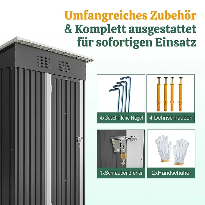 SONNENH Gerätehaus - Außenbreite inkl. Dachüberstand: 152,2 cm, Außentiefe inkl. Dachüberstand: 83,6 cm, Metall, Schwarz