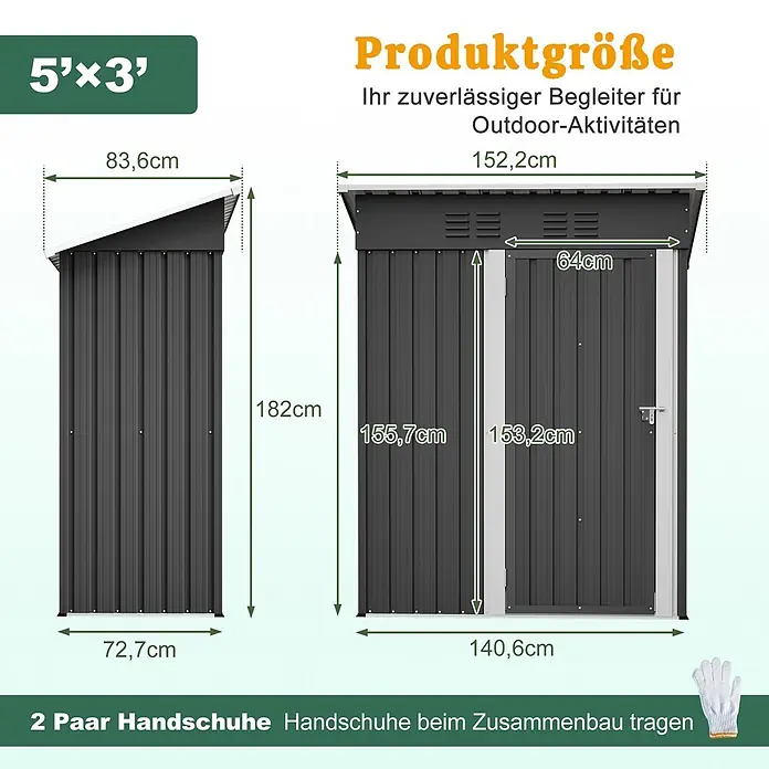 SONNENH Gerätehaus - Außenbreite inkl. Dachüberstand: 152,2 cm, Außentiefe inkl. Dachüberstand: 83,6 cm, Metall, Schwarz