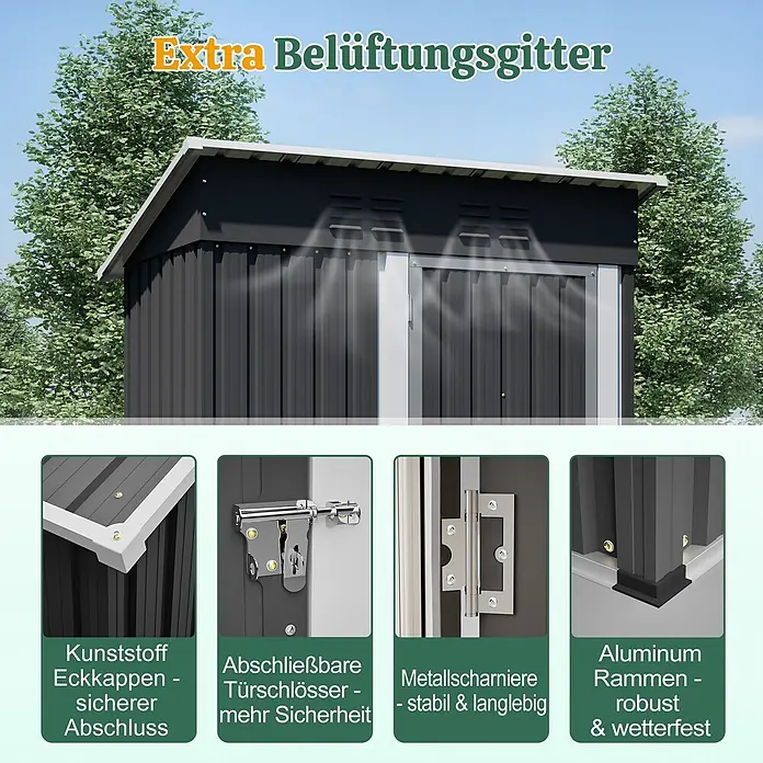SONNENH Gerätehaus - Außenbreite inkl. Dachüberstand: 152,2 cm, Außentiefe inkl. Dachüberstand: 83,6 cm, Metall, Schwarz