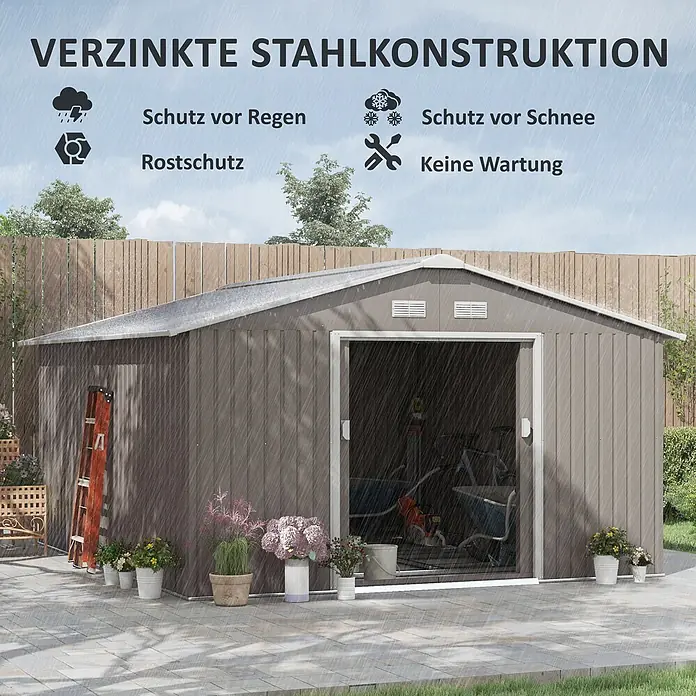 SONNENH Gerätehaus - Außenbreite inkl. Dachüberstand: 340 cm, Außentiefe inkl. Dachüberstand: 386 cm, Stahl, Grau