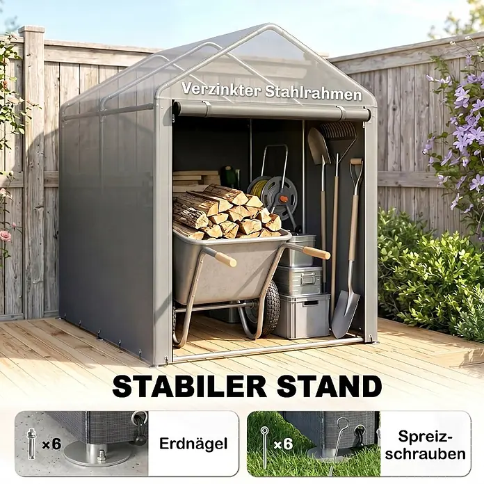 SONNENH Gerätehaus - Außenbreite inkl. Dachüberstand: 179 cm, Außentiefe inkl. Dachüberstand: 120 cm, Stahl, Grau