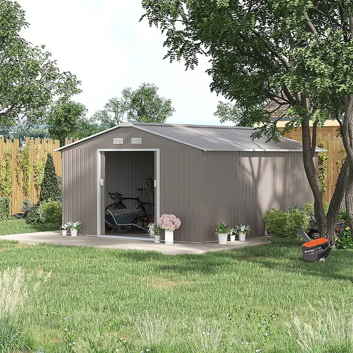 SONNENH Gerätehaus - Außenbreite inkl. Dachüberstand: 340 cm, Außentiefe inkl. Dachüberstand: 386 cm, Stahl, Grau