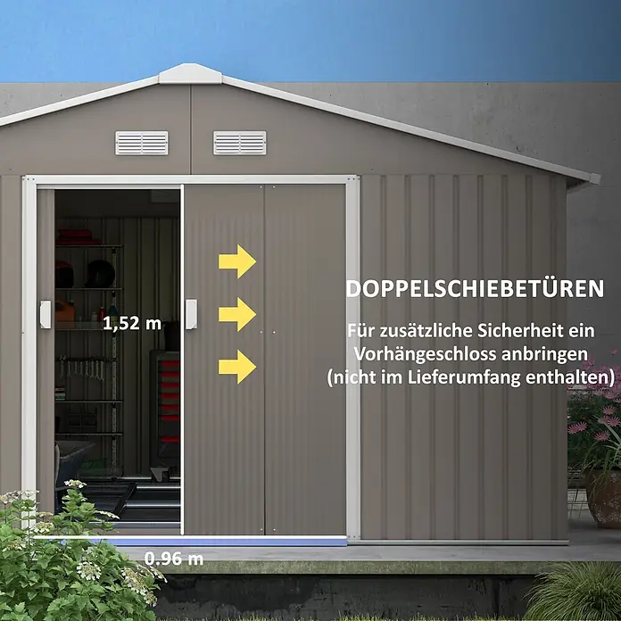 SONNENH Gerätehaus - Außenbreite inkl. Dachüberstand: 340 cm, Außentiefe inkl. Dachüberstand: 386 cm, Stahl, Grau