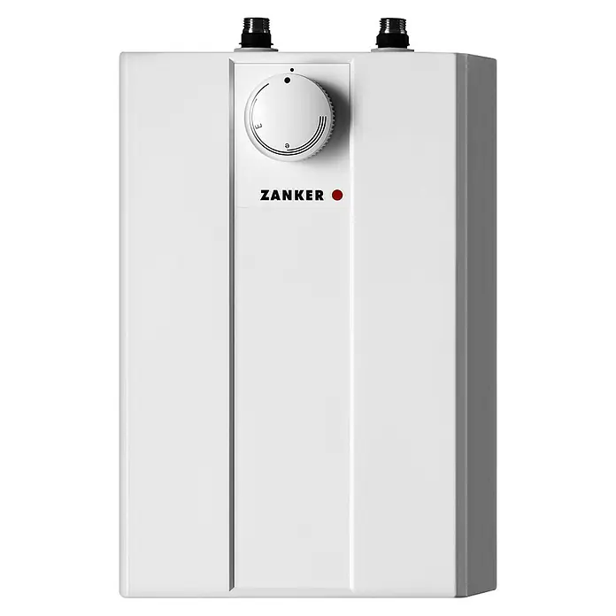 Zanker Warmwasserspeicher WO 5U-S - 5 l, 2.000 W, Temperaturbereich: 35 °C - 85 °C, Untertischmontage - Ein weißer Zanker Warmwasserbereiter mit Regler und Anschlüssen oben, ideal für die Warmwasserversorgung.